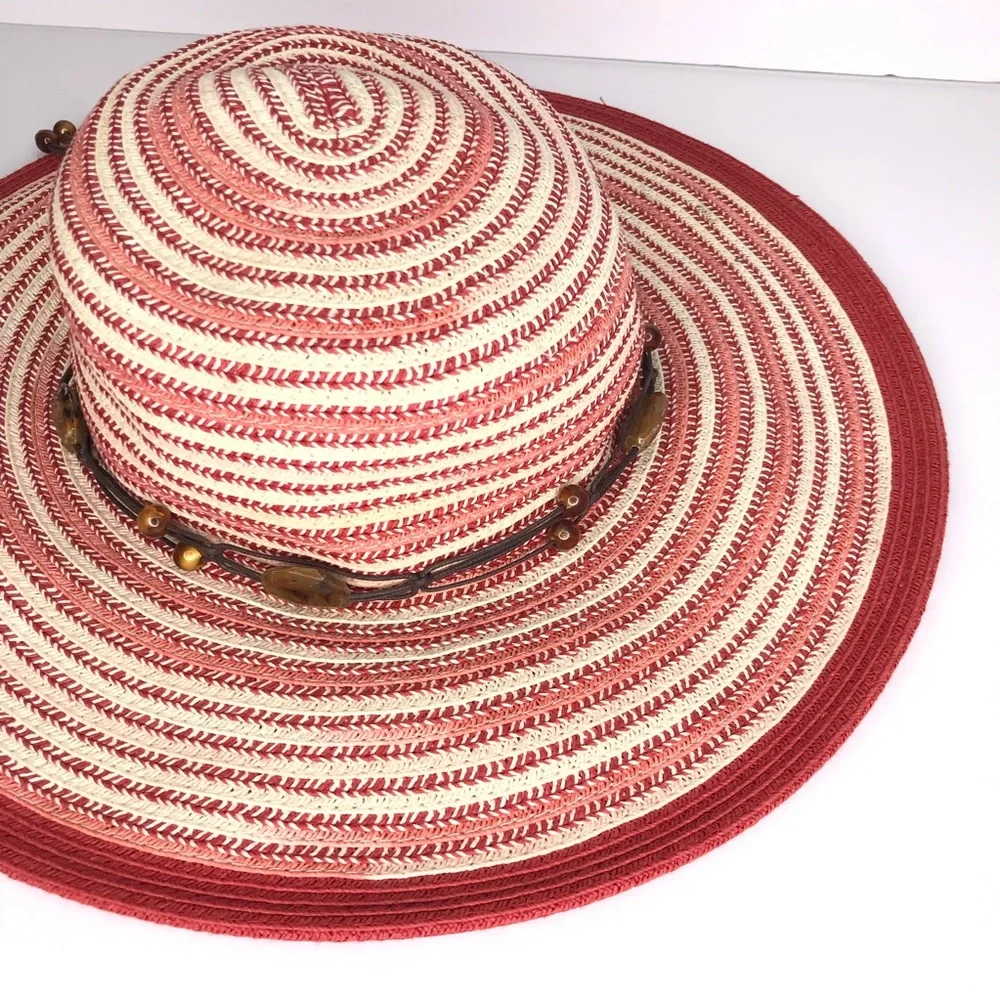 SUN N SAND Red Woven Beach Hat With Beaded Trim